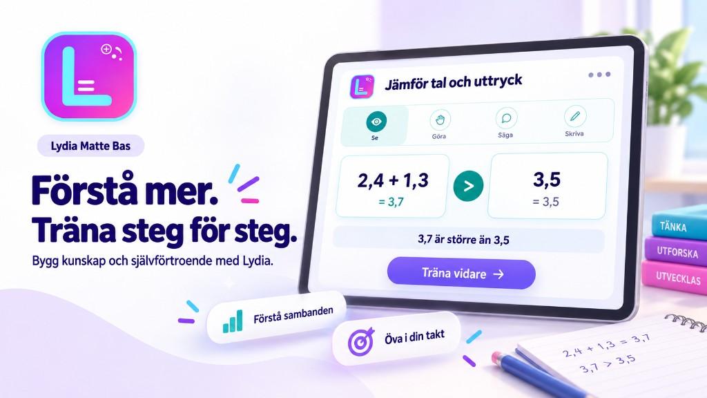 Surfplatta med Lydia Matte Bas där eleven jämför 2,4 + 1,3 med 3,5 i stegen Se, Göra, Säga och Skriva.