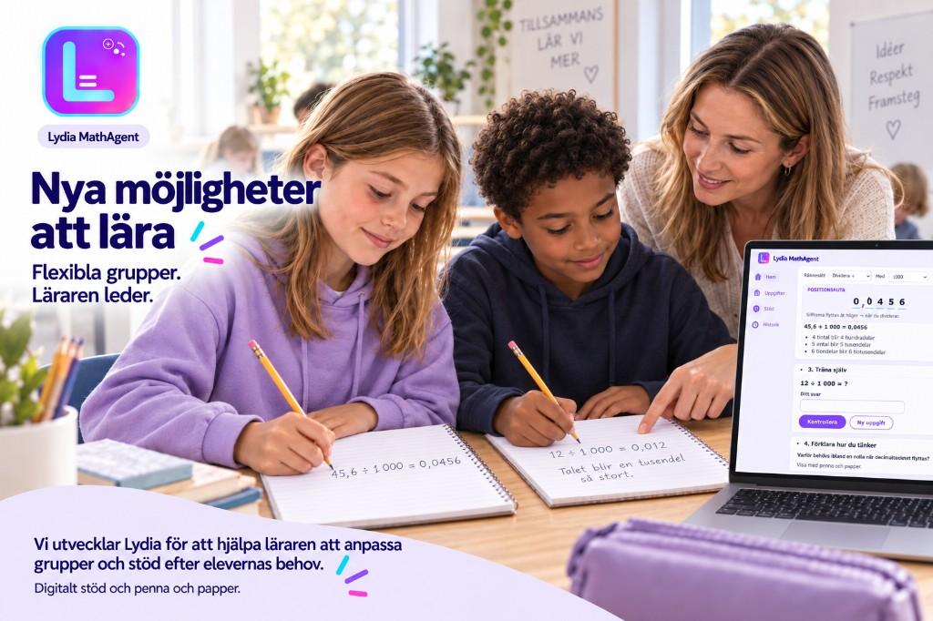Två elever räknar division med 1 000 på papper medan en lärare pekar på samma uppgift i Lydia på en bärbar dator.